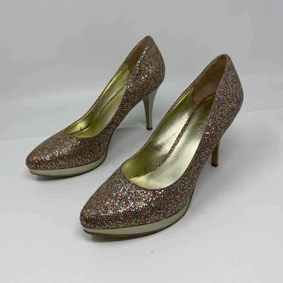 Nine West Women Size 6.5 M Priscilla Glitter Gold Platform Heels Party Night Out - Picture 1 of 5